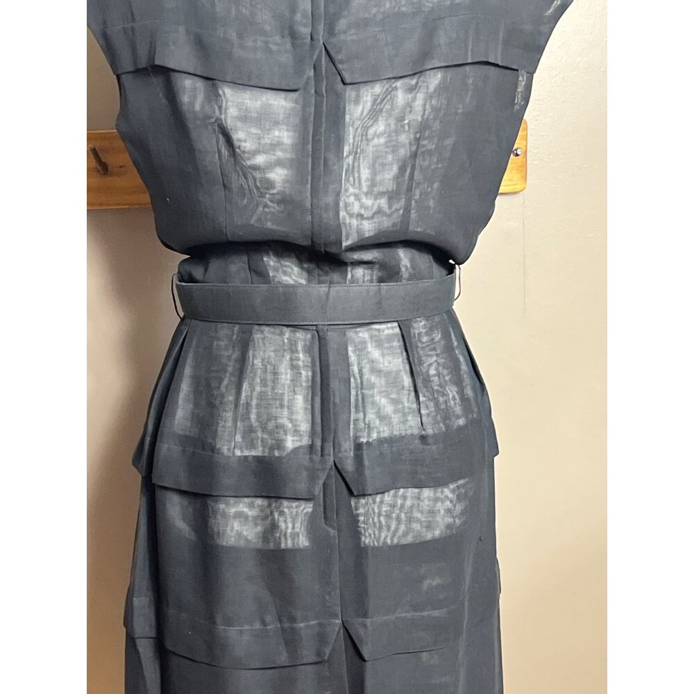 Vintage Black Dress Fitted Sheer Belt Midi Classic Cap Sleeve Pristine Womens S - Picture 6 of 12